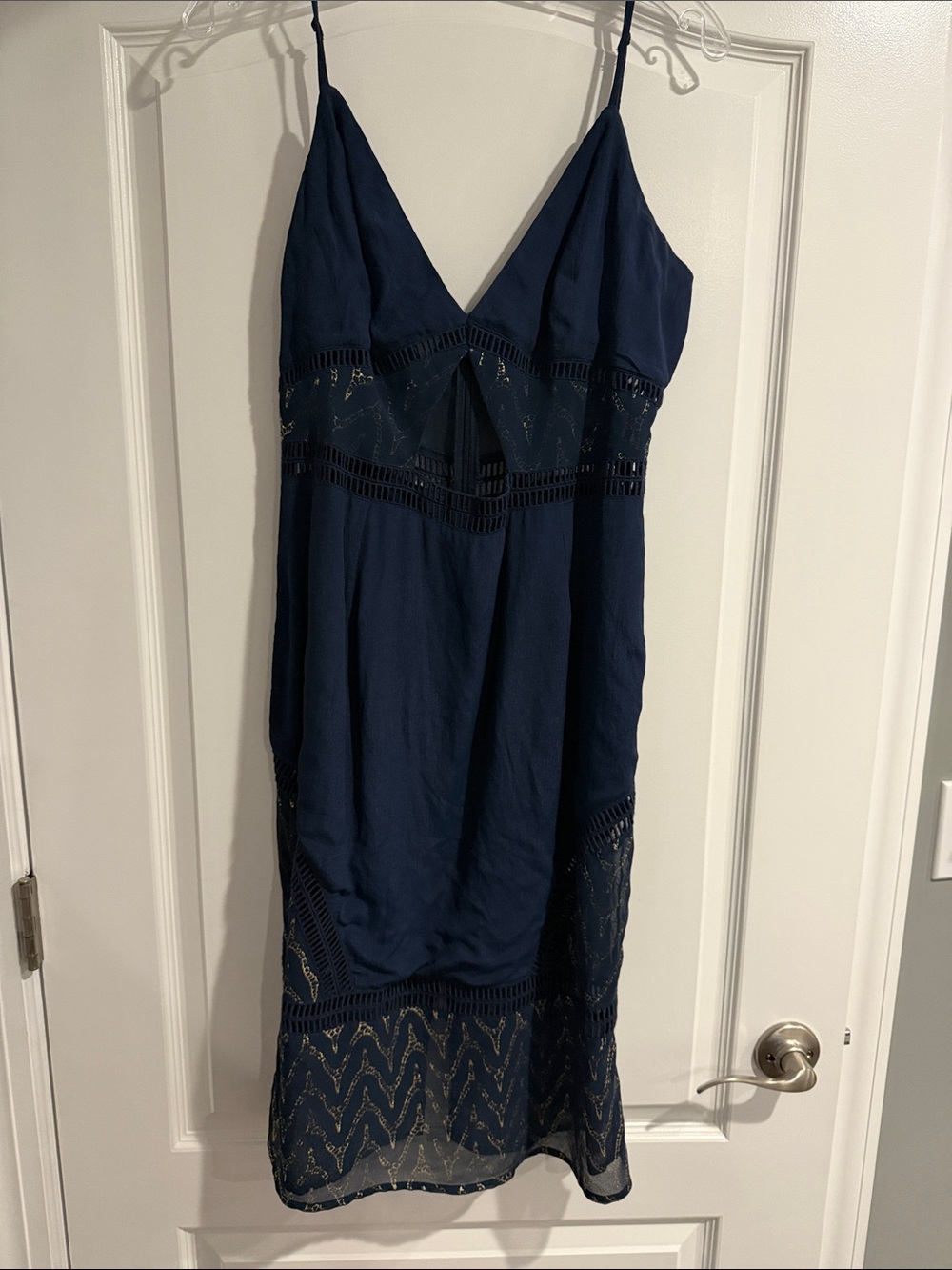 NBD Navy V-Neck Midi Slip Dress with Lace Insets